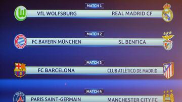 A screen displays the results of the quarter-final draw for the UEFA Champions League, on March 18 at the UEFA headquarters in Nyon. AFP PHOTO / JEAN-GUY PYTHON
