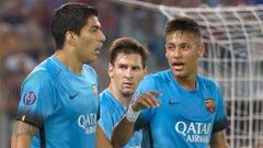 Messi, Su&aacute;rez y Neymar celebran un gol esta temporada en Champions