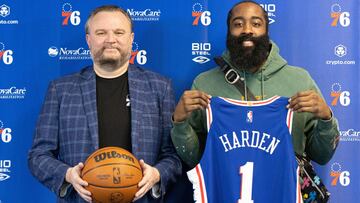 Feb 15, 2022; Camden, NJ, USA; Philadelphia 76ers guard James Harden (1) and president of basketball operations Daryl Morey (L) pose for a photo after speaking with the media at Philadelphia 76ers Training Complex. Mandatory Credit: Bill Streicher-USA TOD