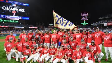 Sep 23, 2024; Philadelphia, Pennsylvania, USA; Philadelphia Phillies celebrate winning the National League East Division Champs with a win against the Chicago Cubs at Citizens Bank Park. Mandatory Credit: Eric Hartline-Imagn Images