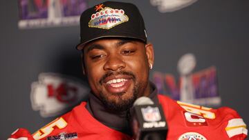 HENDERSON, NEVADA - FEBRUARY 07: Chris Jones #95 of the Kansas City Chiefs speaks to the media during Kansas City Chiefs media availability ahead of Super Bowl LVIII at Westin Lake Las Vegas Resort and Spa on February 07, 2024 in Henderson, Nevada.   Jamie Squire/Getty Images/AFP (Photo by JAMIE SQUIRE / GETTY IMAGES NORTH AMERICA / Getty Images via AFP)