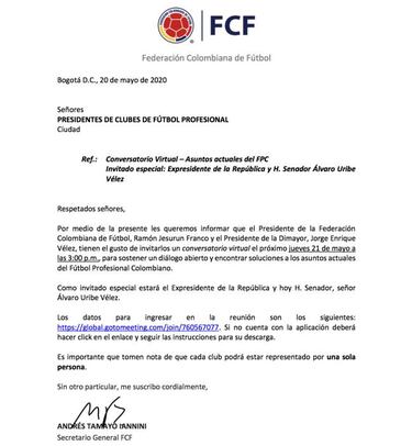 Álvaro Uribe, invitado a reunión virtual de FCF con los clubes