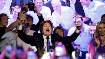 Argentina's President Javier Milei celebrates after the La Libertad Avanza party won the midterm election, which is seen as crucial for Milei's administration after U.S. President Donald Trump warned that future support for Argentina would depend on Milei's party performing well in the vote, in Buenos Aires, Argentina, October 26, 2025. REUTERS/Cristina Sille TPX IMAGES OF THE DAY