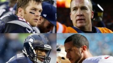 Tom Brady, Peyton Manning, Russell Wilson y Colin Kaepernick, los cuatro quarterback semifinalistas de la NFL.