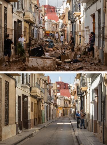 Imagen superior: Los residentes limpian el lodo y los escombros en una calle del municipio de Paiporta. Imagen inferior: la misma calle en la actualidad. 