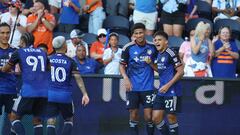 Jul 6, 2024; Cincinnati, Ohio, USA; FC Cincinnati midfielder Yamil Asad (27) celebrates with defender Ian Murphy (32) after scoring a goal against Inter Miami CF in the first half at TQL Stadium. Mandatory Credit: Trevor Ruszkowski-USA TODAY Sports