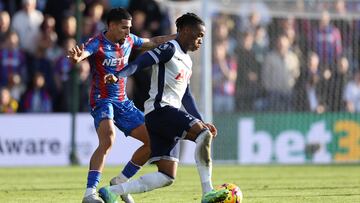 Tottenham Hotspur's Destiny Udogie (right) and Crystal Palace's Daniel Munoz battle for the ball during the Premier League match at Selhurst Park, London. Picture date: Sunday October 27, 2024. (Photo by Steven Paston/PA Images via Getty Images)