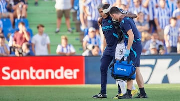 Umar Sadiq centre-forward of Real Sociedad and Nigeria injured during the LaLiga Santander match between Getafe CF and Real Sociedad at Coliseum Alfonso Perez on September 11, 2022 in Getafe, Spain. (Photo by Jose Breton/Pics Action/NurPhoto via Getty Images)