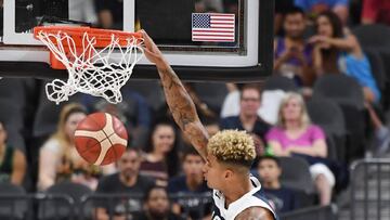 LAS VEGAS, NEVADA - AUGUST 09: Kyle Kuzma #21 of the 2019 USA Men's National Team dunks against Derrick White #46 and Jaren Jackson Jr. #27 of the 2019 USA Men's Select Team during the 2019 USA Basketball Men's National Team Blue-White exhibition game at T-Mobile Arena on August 9, 2019 in Las Vegas, Nevada. Ethan Miller/Getty Images/AFP
== FOR NEWSPAPERS, INTERNET, TELCOS & TELEVISION USE ONLY ==