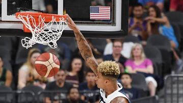 LAS VEGAS, NEVADA - AUGUST 09: Kyle Kuzma #21 of the 2019 USA Men&#039;s National Team dunks against Derrick White #46 and Jaren Jackson Jr. #27 of the 2019 USA Men&#039;s Select Team during the 2019 USA Basketball Men&#039;s National Team Blue-White exhibition game at T-Mobile Arena on August 9, 2019 in Las Vegas, Nevada.   Ethan Miller/Getty Images/AFP
 == FOR NEWSPAPERS, INTERNET, TELCOS &amp; TELEVISION USE ONLY ==