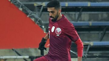 Qatar's forward Hassan Al-Haydos controls the ball during the international friendly football match between Costa Rica and Qatar at the Bundesstadion Suedstadt (BSFZ-Arena) in Maria Enzersdorf, Austria, on November 13, 2020. (Photo by JAKUB SUKUP / A