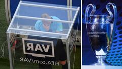 El argentino N&eacute;stor Pitana revisa una jugada en el VAR durante el Mundial de Rusia 2018. A la derecha, el trofeo de la Champions.