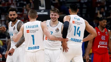 Basketball - EuroLeague Final Four Semi Final A - CSKA Moscow vs Real Madrid - ?Stark Arena?, Belgrade, Serbia - May 18, 2018 Real Madrid's Luka Doncic with Gustavo Ayon and Fabien Causeur REUTERS/Alkis Konstantinidis