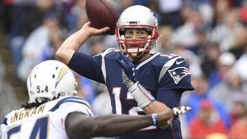 Oct 29, 2017; Foxborough, MA, USA; New England Patriots quarterback Tom Brady (12) throws the ball during the second half against the Los Angeles Chargers at Gillette Stadium. Mandatory Credit: Bob DeChiara-USA TODAY Sports