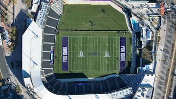 Feb 3, 2022; Las Vegas, NV, USA; A general overall aerial  view of a football field at Las Vegas Ballpark.,the site of the 2022 Pro Bowl week practices. Mandatory Credit: Kirby Lee-USA TODAY Sports