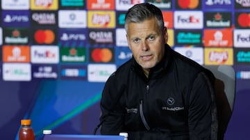 Bodoe/Glimt's Norwegian coach Kjetil Knutsen speaks during a press conference on the eve of the UEFA Champions League, League phase matchday 8 match between Club Atletico de Madrid and Bodoe/Glimt at the Metropolitano stadium in Madrid on January 27, 2026. (Photo by Oscar DEL POZO / AFP)