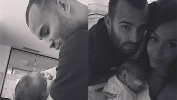 Jesé Rodríguez y Aurah Ruiz con su hijo Nyan en el hospital.