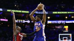 PHILADELPHIA, PENNSYLVANIA - APRIL 17: Bam Adebayo #13 of the Miami Heat guards Joel Embiid #21 of the Philadelphia 76ers during the first quarter of the Eastern Conference Play-In Tournament at the Wells Fargo Center on April 17, 2024 in Philadelphia, Pennsylvania. NOTE TO USER: User expressly acknowledges and agrees that, by downloading and or using this photograph, User is consenting to the terms and conditions of the Getty Images License Agreement.   Tim Nwachukwu/Getty Images/AFP (Photo by Tim Nwachukwu / GETTY IMAGES NORTH AMERICA / Getty Images via AFP)