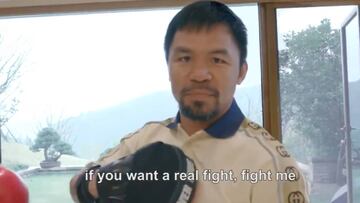 Manny Pacquiao reta a Floyd Mayweather en un v&iacute;deo durante un entrenamiento con el empresario chino Jack Ma.