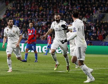 El 7 de noviembre de 2018, en la vuelta de Champions, Benzema marcó dos goles. En la imagen, la celebración del 0-3.