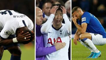 Serge Aurier, Heung-min Son y Cenk Tosun, reaccionando a la lesión de André Gomes.