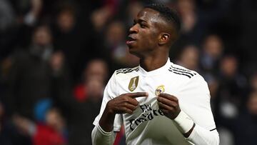 Real Madrid's Brazilian forward Vinicius Junior celebrates his goal during the Spanish league football match Real Madrid CF against Club Deportivo Alaves at the Santiago Bernabeu stadium in Madrid on February 3, 2019. (Photo by GABRIEL BOUYS / AFP)