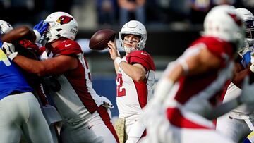 INGLEWOOD, CALIFORNIA - NOVEMBER 13: Colt McCoy #12 of the Arizona Cardinals throws the ball in the first quarter of the game against the Los Angeles Rams at SoFi Stadium on November 13, 2022 in Inglewood, California.   Sean M. Haffey/Getty Images/AFP