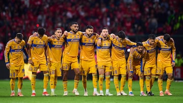 Fernando Gorriaran, Jonathan Herrera, Joaquim Pereira, Juan Sanchez Purata, Nicolas Ibanez, Javier Aquino, Juan Pablo Vigon, Jesus Garza, Angel Correa, Uriel Antuna of Tigres during the final second leg match between Tigres UANL and Toluca, as part of the Liga BBVA MX, Torneo Apertura 2025 at Nemesio Diez Stadium, on December 14, 2025 in Toluca, Estado de Mexico, Mexico.