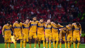 Fernando Gorriaran, Jonathan Herrera, Joaquim Pereira, Juan Sanchez Purata, Nicolas Ibanez, Javier Aquino, Juan Pablo Vigon, Jesus Garza, Angel Correa, Uriel Antuna of Tigres during the final second leg match between Tigres UANL and Toluca, as part of the Liga BBVA MX, Torneo Apertura 2025 at Nemesio Diez Stadium, on December 14, 2025 in Toluca, Estado de Mexico, Mexico.