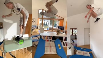 El esquiador suizo Andri Ragettli construyó un circuito de parkour en casa que se ha hecho viral en Instagram.