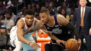 Damian Lillard #0 of the Portland Trail Blazers and Team LeBron drives against Giannis Antetokounmpo #34 of the Milwaukee Bucks and Team Giannis in the fourth quarter during the NBA All-Star game as part of the 2019 NBA All-Star Weekend at Spectrum Center on February 17, 2019 in Charlotte, North Carolina. Team LeBron won 178-164.