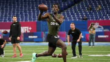 Mar 1, 2024; Indianapolis, IN, USA; Alabama defensive back Terrion Arnold (DB02) works out during the 2024 NFL Combine at Lucas Oil Stadium. Mandatory Credit: Kirby Lee-USA TODAY Sports