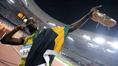 Usain Bolt celebra el t&iacute;tulo del relevo 4x100 de Jamaica en los Juegos Ol&iacute;mpicos de Pek&iacute;n 2008.
