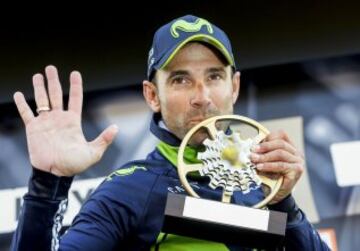 El español Alejandro Valverde del Movistar celebra su victoria en la Flecha Valona en el Muro de Huy