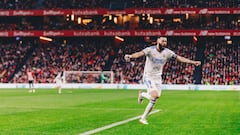 Benzema celebra uno de sus goles al Athletic.