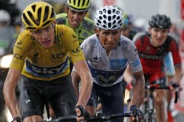 Chris Froome, Nairo Quintana y Alberto Contador durante la etapa de hoy.