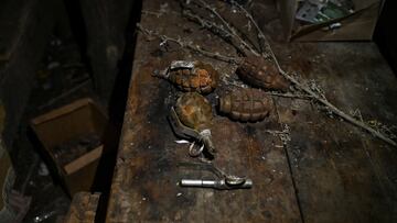 Hand grenades are seen inside a dugout at a former Russian position outside the village of Robotyne, amid Russia's attack on Ukraine, near a front line in Zaporizhzhia region, Ukraine November 4, 2023. REUTERS/Stringer