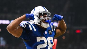 Oct 26, 2025; Indianapolis, Indiana, USA; Indianapolis Colts running back Jonathan Taylor (28) celebrates after scoring a touchdown during the third quarter against the Tennessee Titans at Lucas Oil Stadium. Mandatory Credit: Robert Goddin-Imagn Images