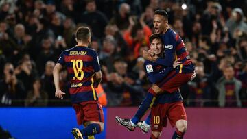 TOPSHOT - Barcelona&#039;s Argentinian forward Lionel Messi (R bottom) celebrates a goal with teammate Barcelona&#039;s Brazilian forward Neymar (R top) as Barcelona&#039;s defender Jordi Alba approaches during the Spanish league football match FC Barcelo