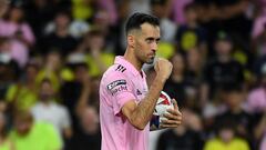 Aug 19, 2023; Nashville, TN, USA; Inter Miami midfielder Sergio Busquets (5) reacts after making a goal in a penalty shoot out for the Leagues Cup Championship match against  Nashville SC at GEODIS Park. Mandatory Credit: Christopher Hanewinckel-USA TODAY Sports