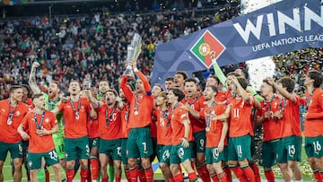 MUNICH, GERMANY - JUNE 8: Captain Cristiano Ronaldo of the Portugal National Team lifts the trophy, as Portugal celebrate winning the tournament for a second time after the UEFA Nations League Final 2025 between Portugal and Spain at Munich Football Arena on June 8, 2025 in Munich, Germany. (Photo by Alexandra Fechete/MB Media/Getty Images)