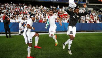 Soccer Football - FIFA Club World Cup - Al Jazira vs Urawa Red Diamonds - Zayed Sports City Stadium, Abu Dhabi, United Arab Emirates - December 9, 2017 Al Jazira’s Ahmed Rabee, Salem Rashid and Salem Ali Ibrahim celebrate at the end of the match REUTERS/Matthew Childs TPX IMAGES OF THE DAY