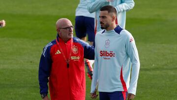 LAS ROZAS (CA MADRID), 11/10/2024.- El entrenador de la selección, Luis de la Fuente junto al delantero Joselu durante el entrenamiento este viernes en la Ciudad Deportiva de las Rozas, para preparar los partidos de la Liga de Naciones que el conjunto disputará mañana sábado, frente a Dinamarca en Murcia, y el martes 15 ante Serbia en Córdoba. EFE/ Juan Carlos Hidalgo