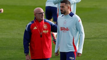 LAS ROZAS (CA MADRID), 11/10/2024.- El entrenador de la selección, Luis de la Fuente junto al delantero Joselu durante el entrenamiento este viernes en la Ciudad Deportiva de las Rozas, para preparar los partidos de la Liga de Naciones que el conjunto disputará mañana sábado, frente a Dinamarca en Murcia, y el martes 15 ante Serbia en Córdoba. EFE/ Juan Carlos Hidalgo