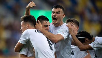 Israel's players celebrate scoring during the UEFA Under-19 European Championship semi-final football match between France and Irsael at the DAC Arena in Dunajska Streda, Slovakia on June 28, 2022. (Photo by VLADIMIR SIMICEK / AFP)