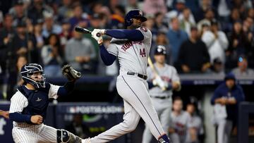 NEW YORK, NEW YORK - OCTOBER 22: Yordan Alvarez #44 of the Houston Astros strikes out to end the fifth inning as Jose Trevino #39 of the New York Yankees catches in game three of the American League Championship Series at Yankee Stadium on October 22, 2022 in New York City.   Elsa/Getty Images/AFP