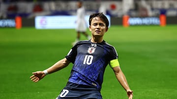Soccer Football - World Cup - AFC Qualifiers - Group C - Japan v Indonesia - Suita City Stadium, Suita, Japan - June 10, 2025 Japan's Takefusa Kubo celebrates scoring their second goal REUTERS/Issei Kato