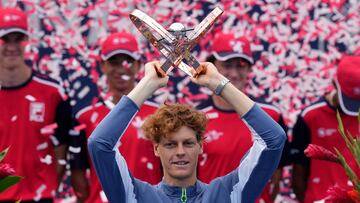 Aug 13, 2023; Toronto, Ontario, Canada; Jannik Sinner (ITA) hoists the National Bank Open trophy after defeating Alex de Minaur (not pictured) in the championship game at Sobeys Stadium. Mandatory Credit: John E. Sokolowski-USA TODAY Sports