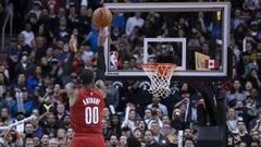 Jan 7, 2020; Toronto, Ontario, CAN; Portland Trail Blazers forward Carmelo Anthony (00) scores the winning basket during the fourth quarter against the Toronto Raptors at Scotiabank Arena. Mandatory Credit: Nick Turchiaro-USA TODAY Sports