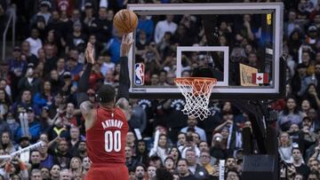 Jan 7, 2020; Toronto, Ontario, CAN; Portland Trail Blazers forward Carmelo Anthony (00) scores the winning basket during the fourth quarter against the Toronto Raptors at Scotiabank Arena. Mandatory Credit: Nick Turchiaro-USA TODAY Sports